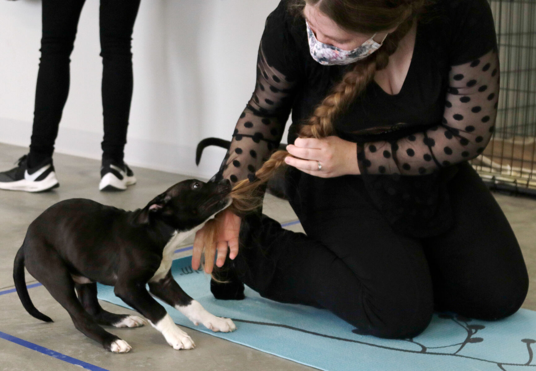 A puppy bites the hair of yoga instructor Sarah Judd